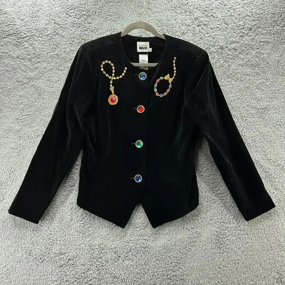 Leslie Fay Size 14‎ Vintage Velvet Black Jacket Jeweled Accents Buttons Fabulous